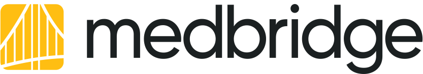 Medbridge logo with bold black text and a yellow abstract icon with lines and a curved band on the left.